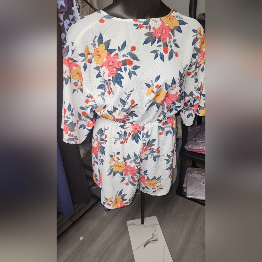 Floral Print Jumpsuit - White and Orange